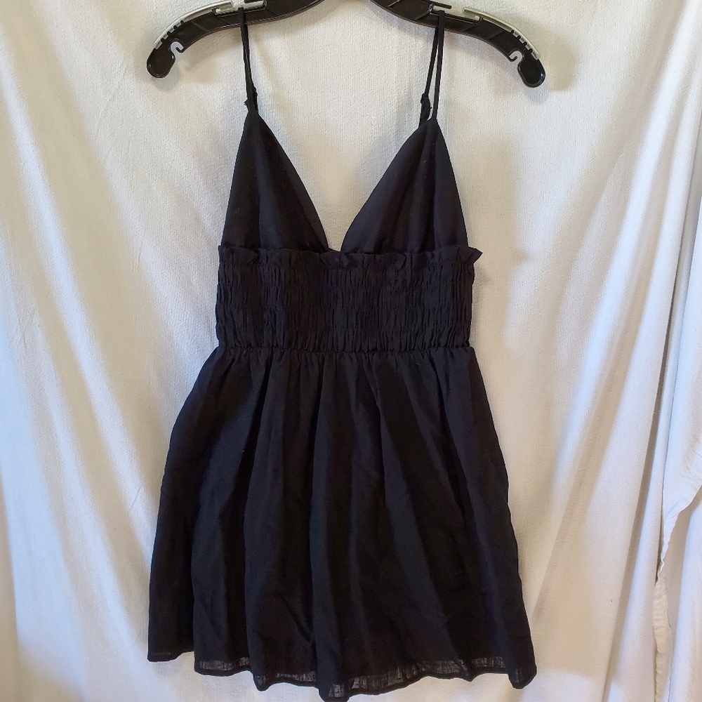 Elodie Linen Shirred Waist Black Mini Dress S